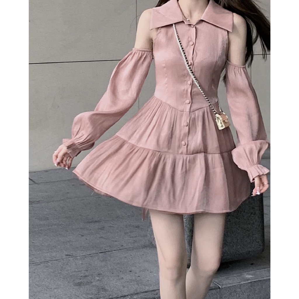 Váy lụa mềm hở vai cúc dọc V621 SUSTORE