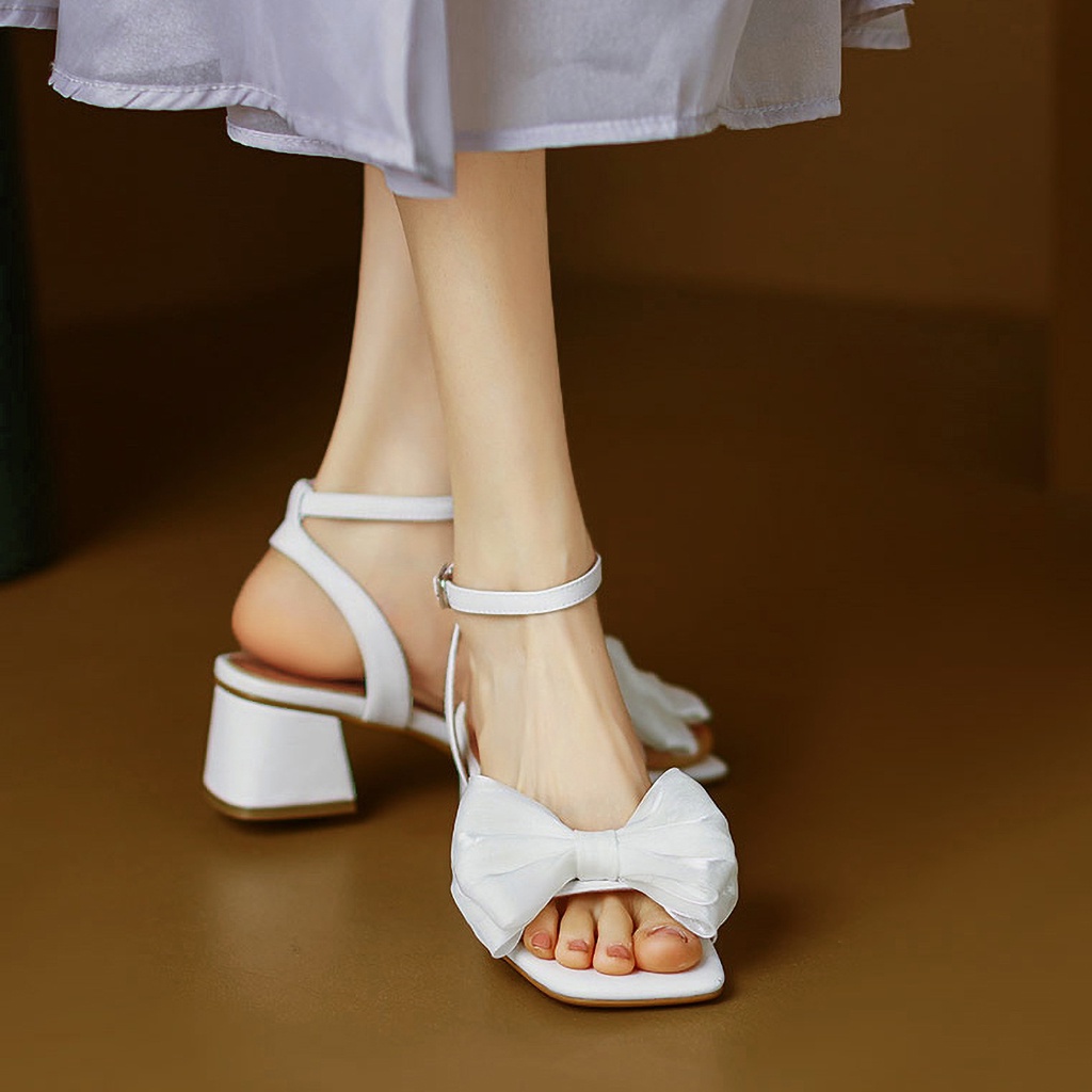 Giày sandal nữ DILY mũi vuông gót vuông quai phối nơ organza cao 5cm_AA0340