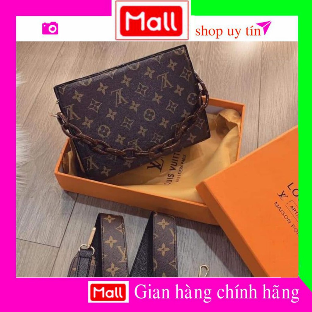 Túi xách nữ cầm tay cao cấp sang trọng thời trang xích nhựa nâu hoa đen thích hợp đi chơi dự tiệc dã ngoài VT656