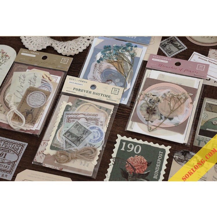 Bộ 30 nhãn tag kèm hoa khô/ dây gai vintage , sticker trang trí bullet journal, sổ tay STI30