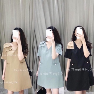 Váy suông xanh ngọc nơ vai bầu bí bon chen