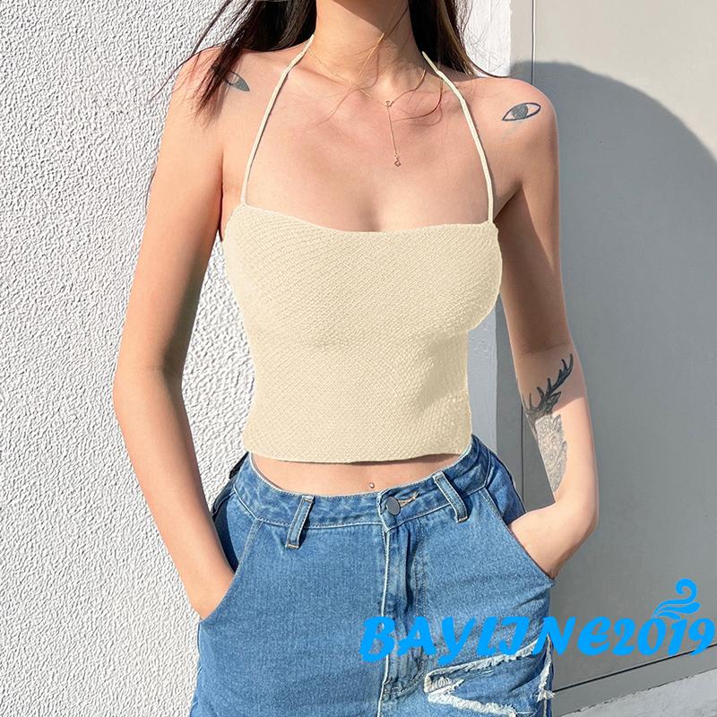 Áo Croptop Dệt Kim Màu Trơn Hở Lưng Thời Trang Mùa Hè Dành Cho Nữ