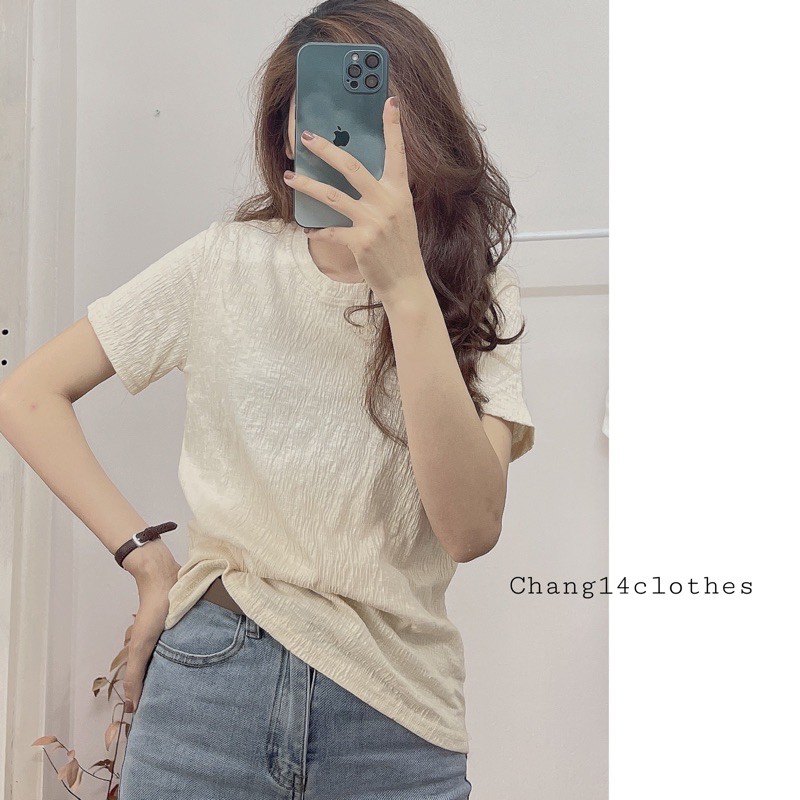 [Mã FAGREEN245 giảm tới 30K đơn 99K] Áo phông thun nữ vải nhăn hàng quảng châu phòng cách vintage co giãn nhẹ form vừa