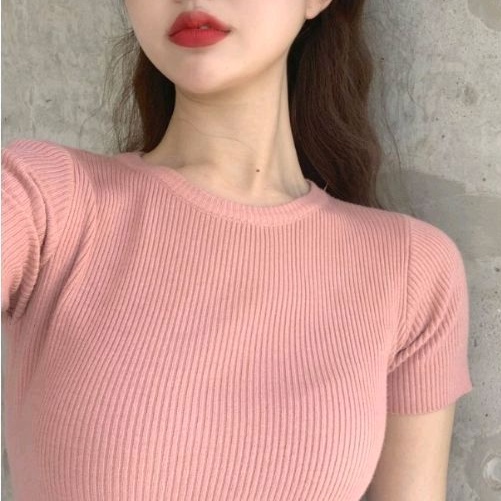 Áo thun FOREVER21 gân tăm dệt kim tay ngắn cổ tròn màu trơn đỏ, vàng, xanh lá, xanh blue, hồng