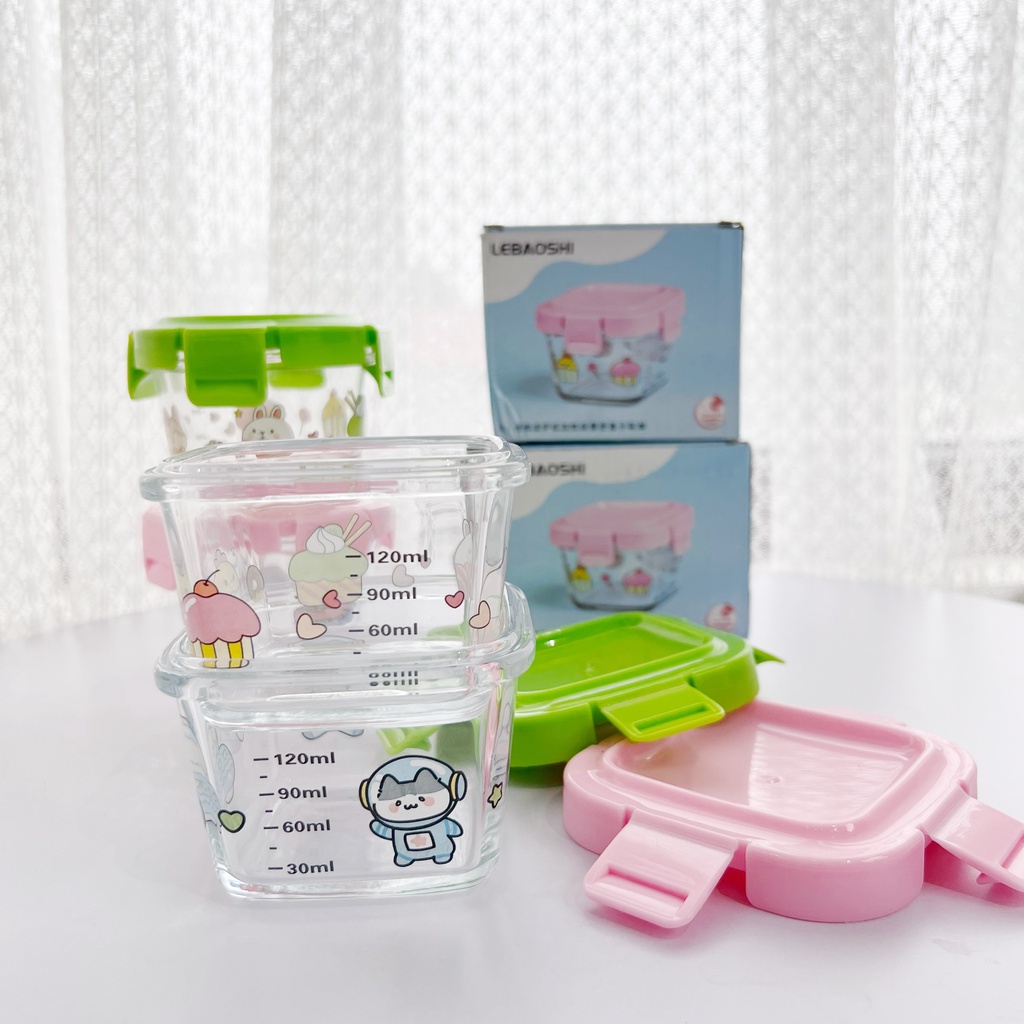 Hộp Đựng Thức Ăn Cho Bé Bằng Thủy Tinh LEBAOSHI 120ml Chịu Nhiệt Dùng Được Cho Lò Vi Sóng