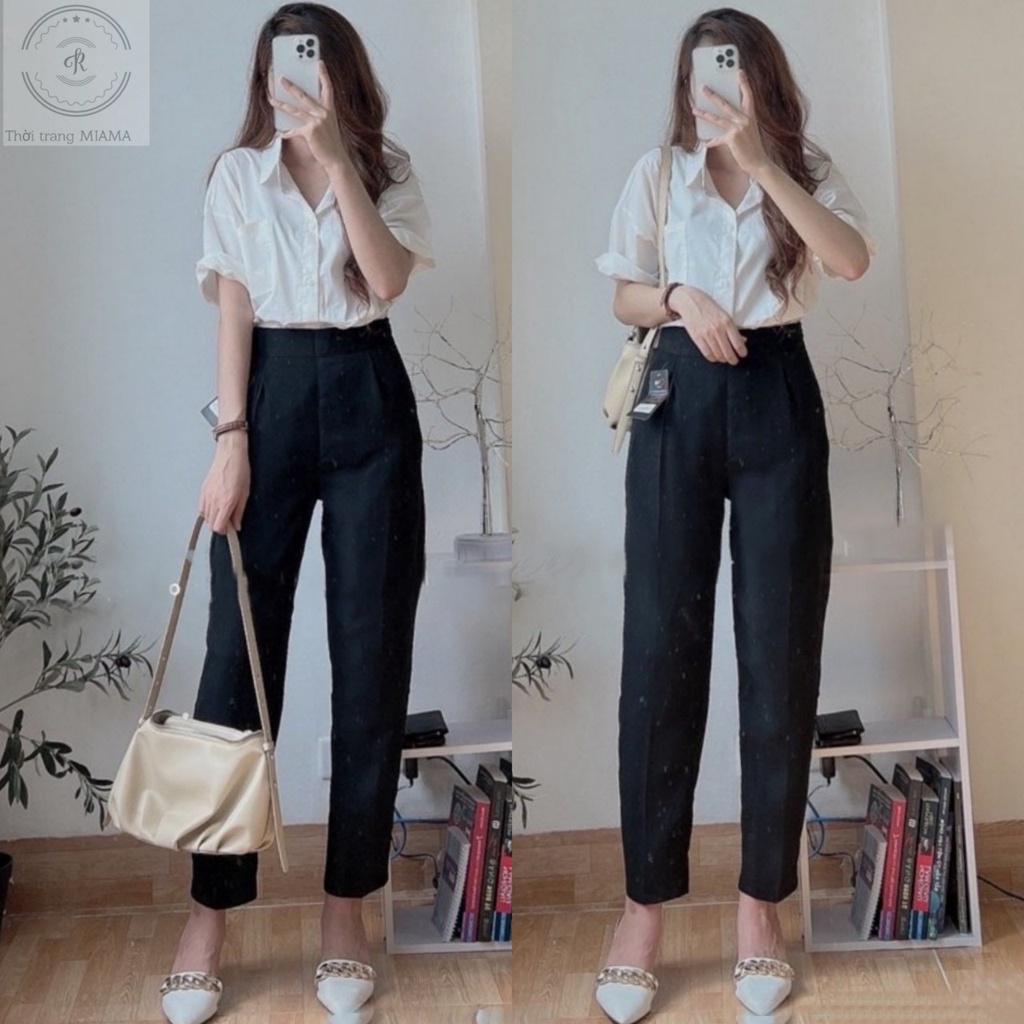 Quần vải nữ công sở lưng cao dáng dài màu xanh đen ống đứng vải mềm Quần tây baggy nữ đi học sinh cạp cao bigsize