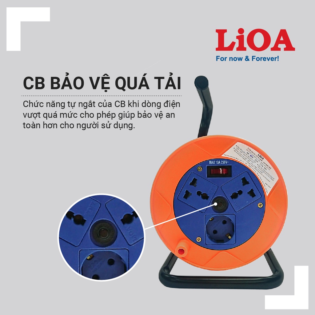 [CHÍNH HÃNG] Ổ cắm kéo dài quay tay kiểu Rulo LiOA phổ thông dài 20m QN20-2-10A và QN20-2-15A đa năng có nắp che an toàn