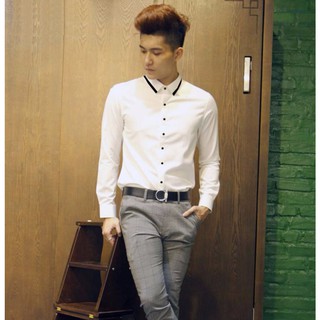 Áo Sơ Mi Nam FIGTREE Kiểu Dáng Hàn Quốc Màu Trắng Viền Đen