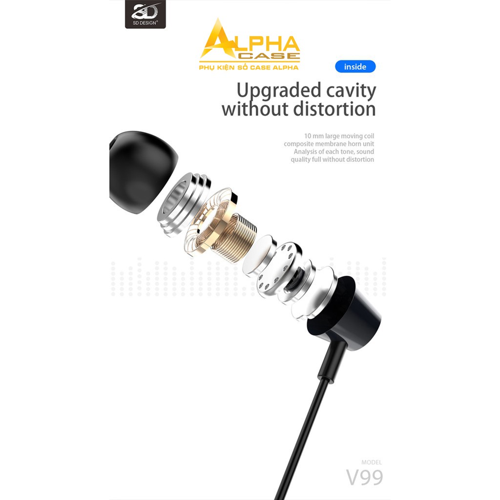 Tai nghe nhét cao su SD Design V99 tương thích các dòng điện thoại jack 3.5mm, có mic dùng học online CaseAlpha