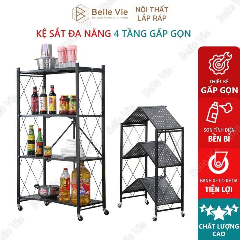 Kệ Để Đồ Đa Năng Gấp Gọn BELLEVIE Kệ Sắt Có Bánh Xe 4 Tầng Di Chuyển Tiện Ích Cho Nhà Bếp