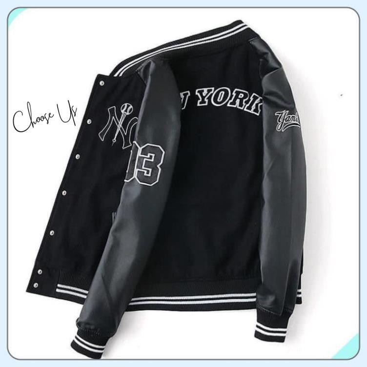 Áo khoác bomber NY phối da Unisex, thể thao bóng chày viền cổ Choose Us