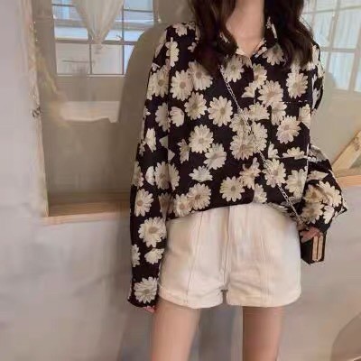 ÁO SƠ MI LOANG HOA CÚC DÀI TAY FORM RỘNG HOT - ÁO POLO CỔ BẺ HOA LÁ NỀN ĐEN ULZZANG VINTAGE