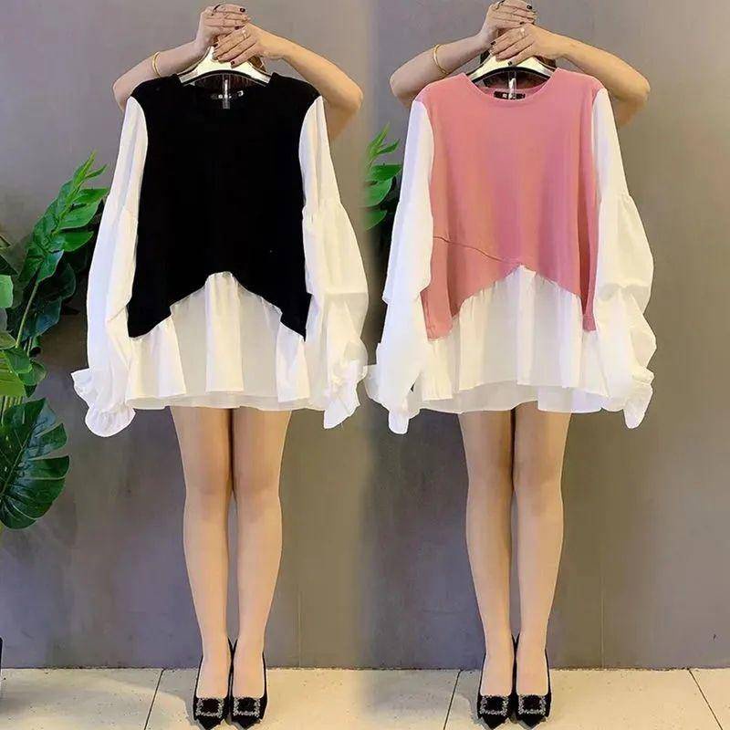 Áo sơ mi giả hai mảnh tay phồng dài cổ tròn thiết kế phong cách thời trang cho nữ