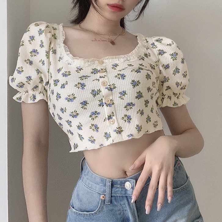 Áo Kiểu Tay Phồng Ngắn Cổ Vuông In Họa Tiết Hoa Thời Trang Mùa Hè Xinh Xắn Cho Nữ
