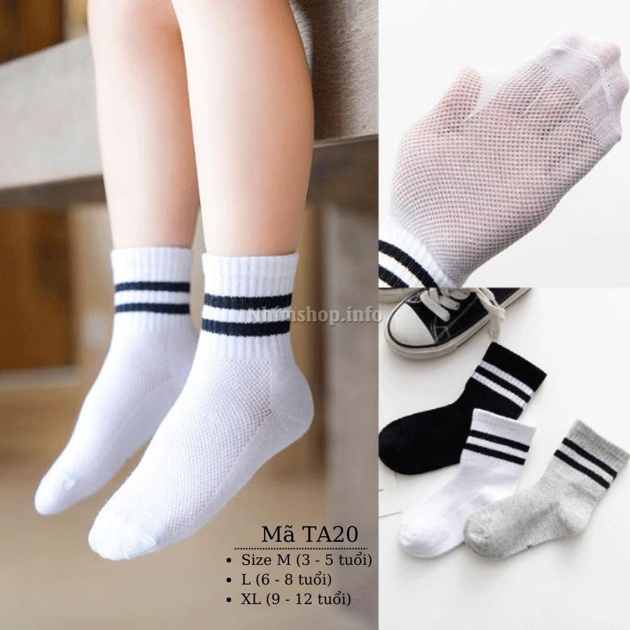 Tất trắng cho bé trai bé gái 3 - 12 tuổi cổ cao viền cổ đen trắng mắt lưới thoáng phù hợp trẻ em học sinh mùa hè TA20
