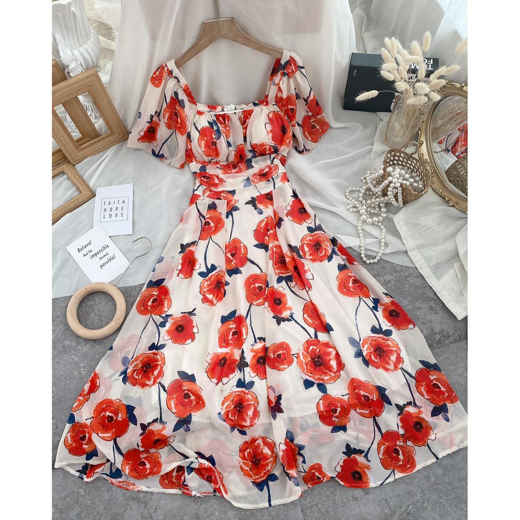 Đầm maxi hoa xếp li eo
