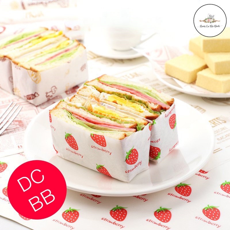 10 Tờ Giấy Gói Bánh Mì Sandwich Hoạ Tiết Trái Dâu Phong Cách Hàn Quốc