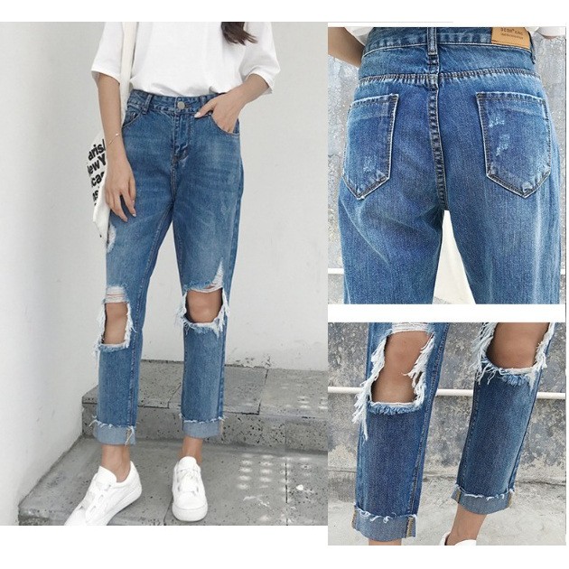[TẶNG KÈM QUÀ] Quần jean lửng rách gối sành điệu, năng động, hàng Quảng Châu chất lượng