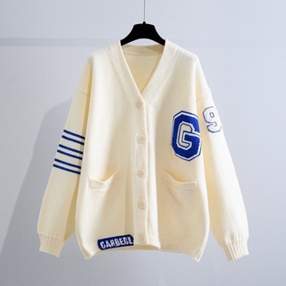 Áo khoác len cardigan, Cardigan len dày nữ trắng be thêu chữ G phong cách Ulzzang Hàn Quốc
