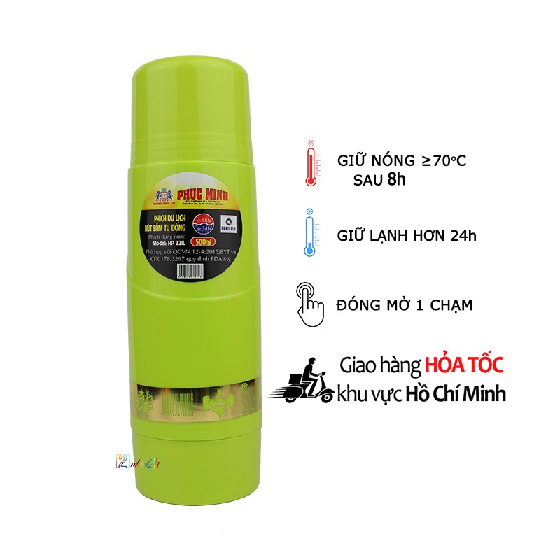 Bình nước giữ nhiệt 500mL - Phích du lịch nút bấm tự động 500mL - HP 321L - Phúc Minh THP