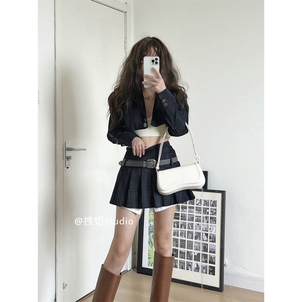 Bộ Áo Khoác Vest Kẻ Sọc + Chân Váy Ngắn Lưng Cao Xếp Ly Kiểu Retro Mỹ Thời Trang Mùa Thu Cho Nữ