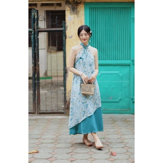 Váy Ngọc Hải Lam - Lengdeng.Collect | Set váy cổ yếm 2 lớp rời voan hoa phối lụa