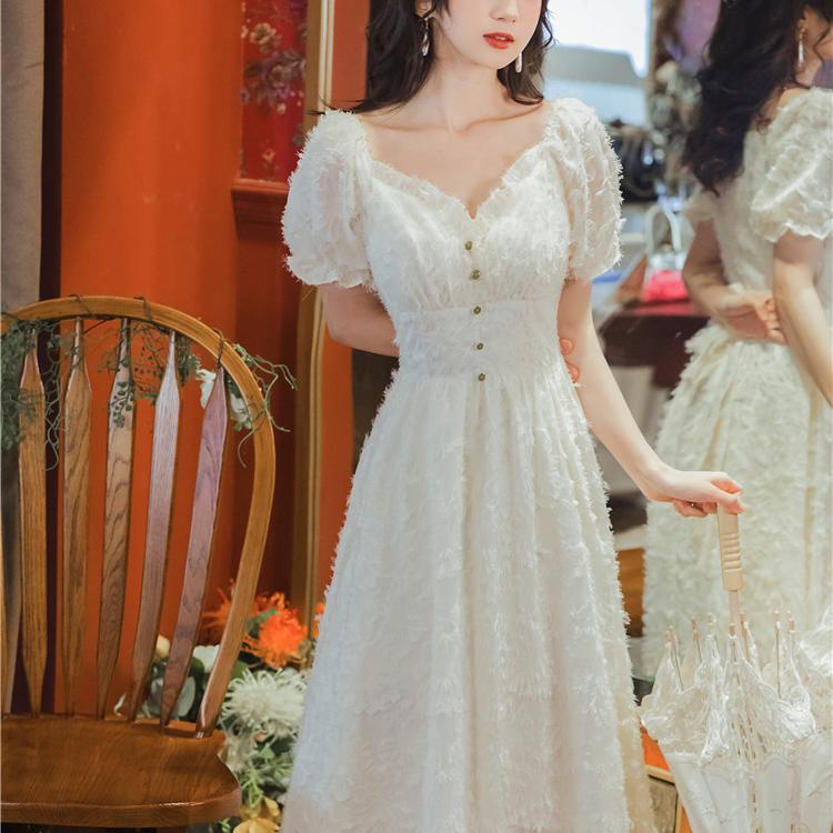 Đầm dự tiệc cổ vuông tay phồng dáng dài thời trang Váy dạ hội tiểu thư Phong cách pháp