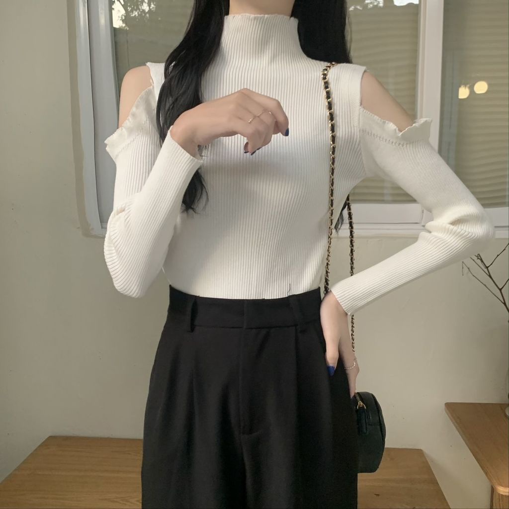 Áo Len Tay Dài Cổ Cao Hở Vai Thời Trang Cho Nữ