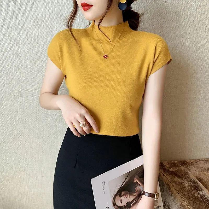 Áo Thun Dệt Kim Tay Ngắn Cổ Lọ Màu Trơn Dáng Ôm Thời Trang Mới Cho Nữ