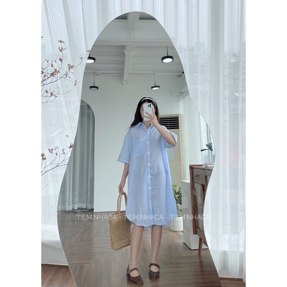 Đầm nữ xinh xắn váy sơmi kẻ xốp tay lỡ dáng dài ulzzang hàn quốc  Tiệm Nhà Cá