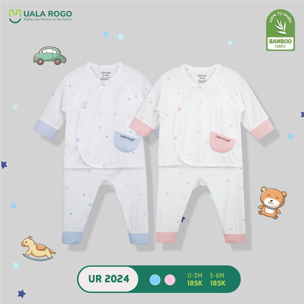 Bộ sơ sinh UALA &amp; ROGO cài lệch trắng in hình vải sợi tre hè mỏng mềm mịn 2024