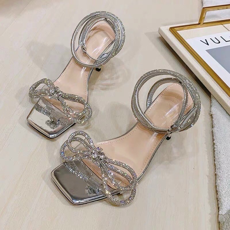 [Ảnh thật] Sandal nơ đá gót nhọn 7p hot 2021. Giày cao gót Mika thời trang Hàn Quốc. Dép đế nhọn ôm chân cá tính