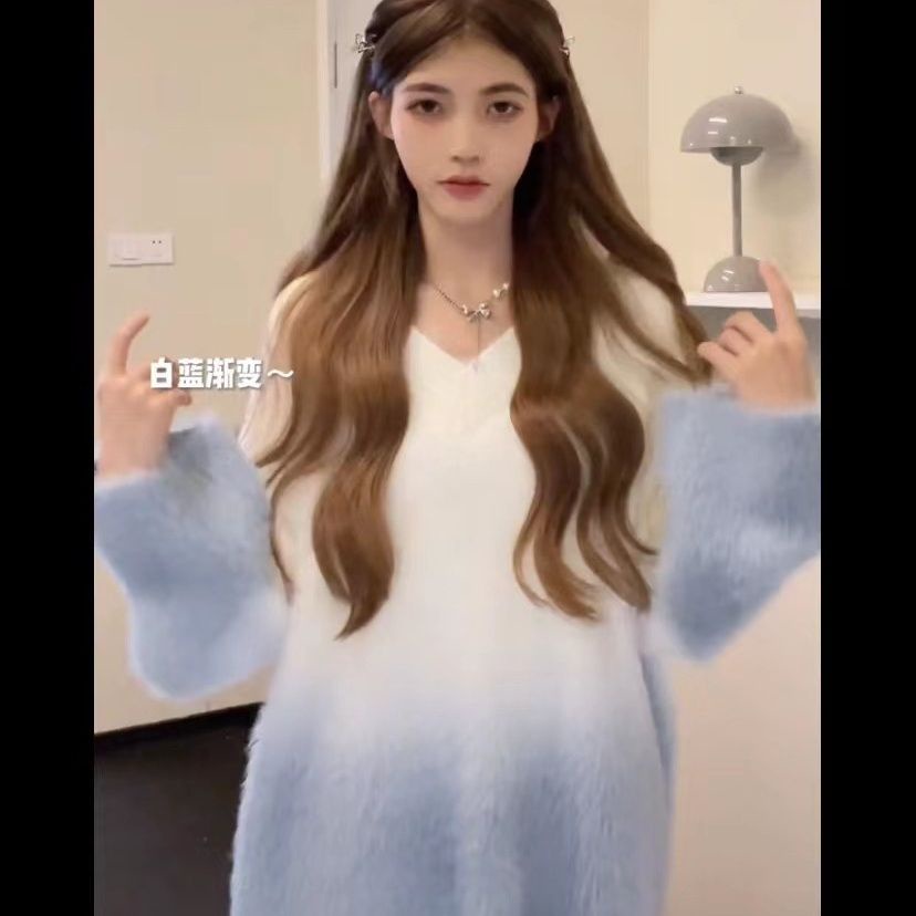 Áo Sweater Dệt Kim Tay Dài Dáng Rộng Phối Lông Màu Gradient Cá Tính