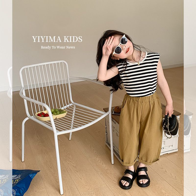 Set Áo Thun Sọc Ngang + Quần Yếm Phong Cách Hàn Quốc Cho Bé Gái