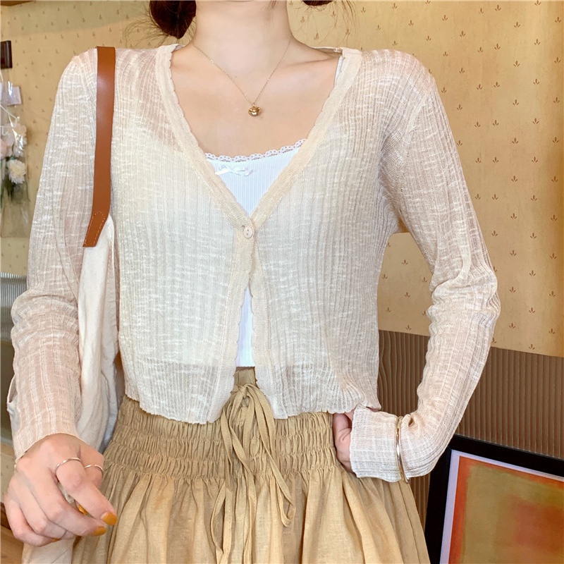 [Mã FAMARAL2 giảm 10K đơn 50K] Áo khoác cardigan dệt kim mỏng dài tay cổ V dáng croptop phong cách Hàn Quốc C2