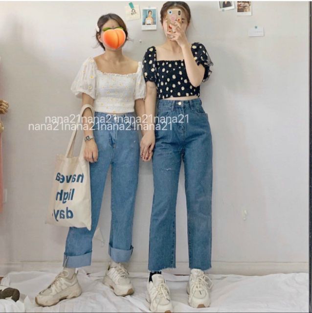 Áo Croptop Trễ Vai Hoa Nhí Phối Tay Voan Lưới Siêu Xinh Tuyết's House