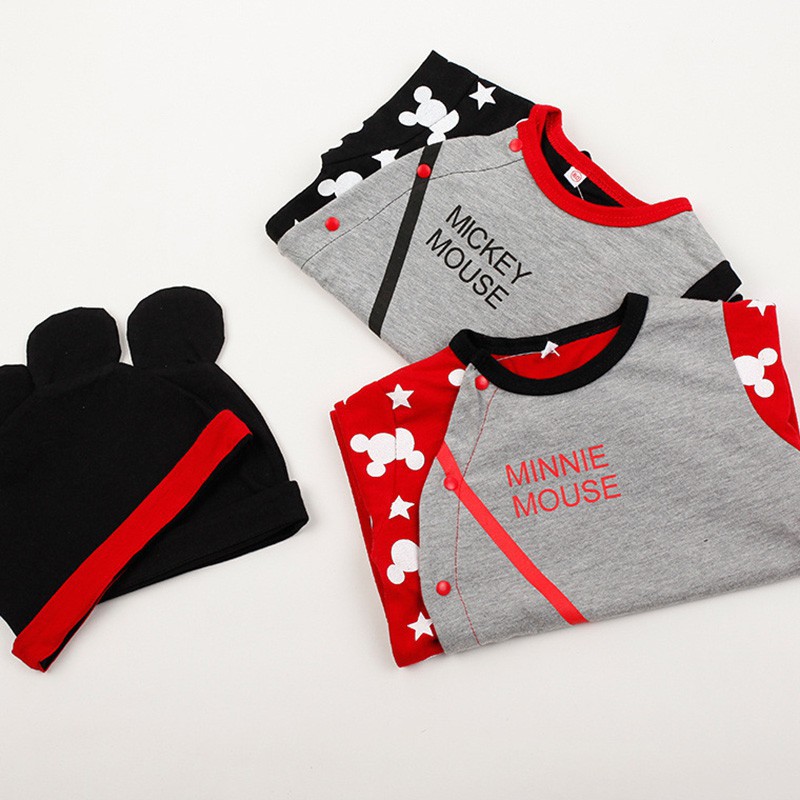 Áo liền quần cotton ngắn tay in họa tiết Mickey kèm mũ thời trang cho bé