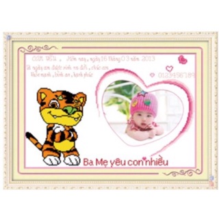 Tranh thêu  chữ thập 12 con giáp có khung ảnh Con cọp - Dần < 53x38 > chưa thêu