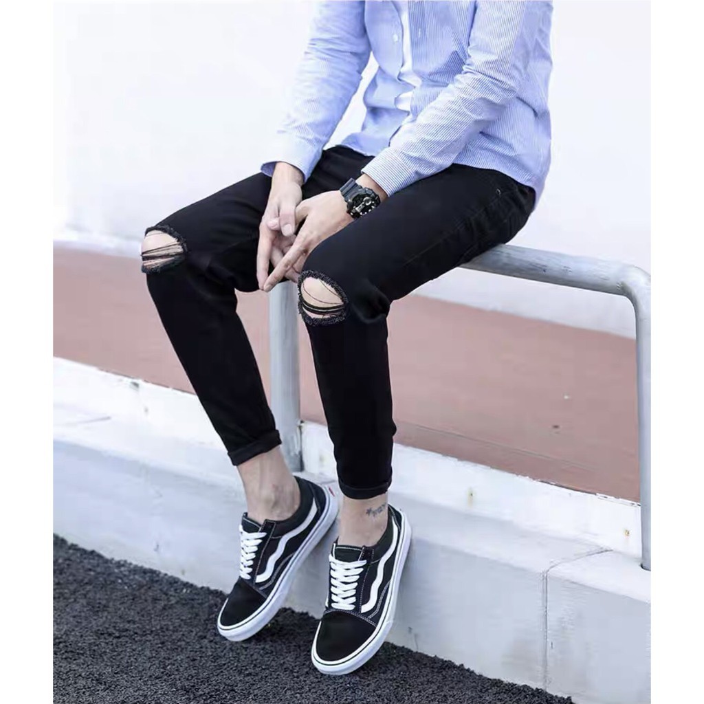 Mẫu quần jean nam đen [ Trơn & Rách gối ] ống đứng tôn dáng - vải jeans bò co giãn 4 chiều cao cấp | BigBuy360 - bigbuy360.vn