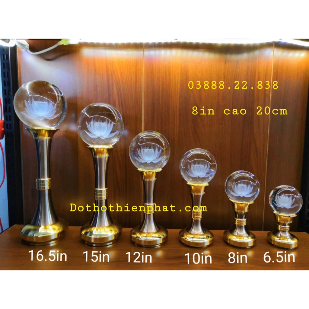 Cặp đèn thờ đá pha lê quả cầu tròn 8in