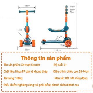 Xe Scooter, Xe Trượt Cho Bé Bánh Có Đèn ,Có Nhạc, có ghế 3 in 1 - HCM