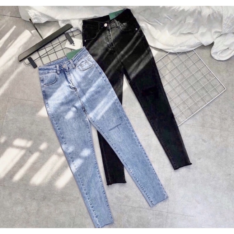 Quần Jean Skinny Rách Đùi Ngang Xẻ Giữa Tua Lai, Lưng Cao - Co Giãn