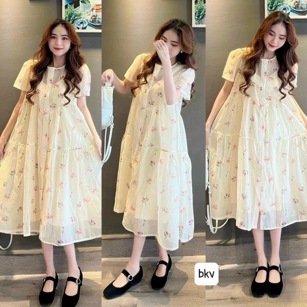 Đầm bầu xinh mùa kè chất voan hai lớp cúc thật