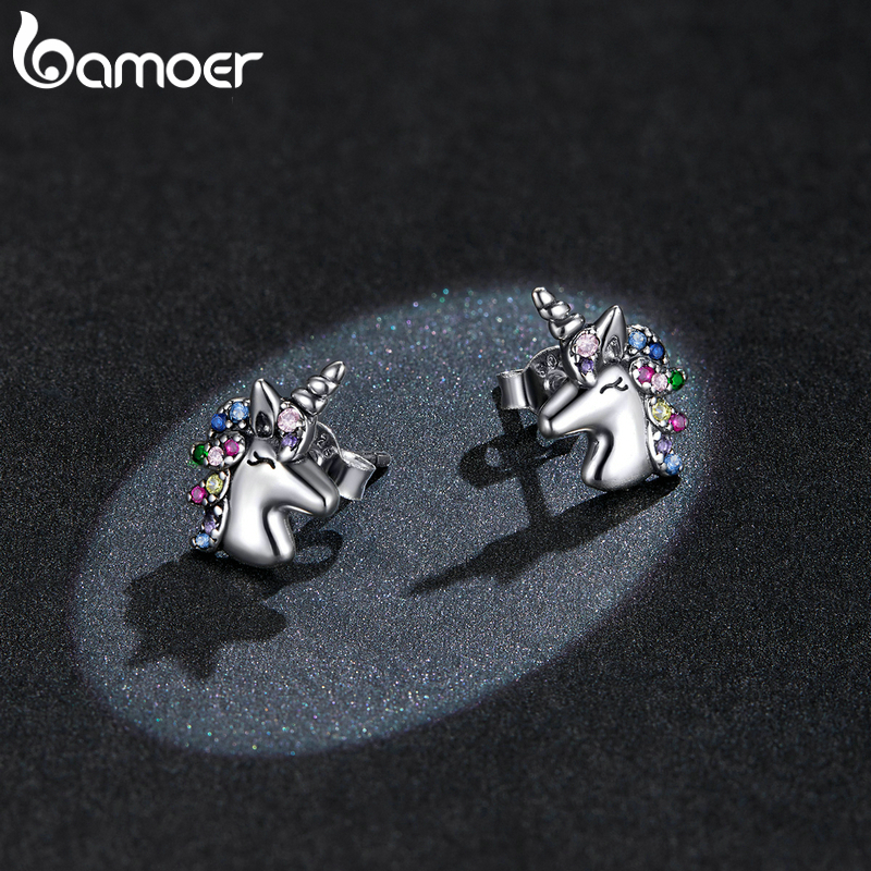 Bông Tai Bamoer BSE496 Làm Quà Tặng Dành Cho Nữ Tạo Hình Ngựa Một Sừng Bằng Bạc Thật 925 Đính Đá Zircon
