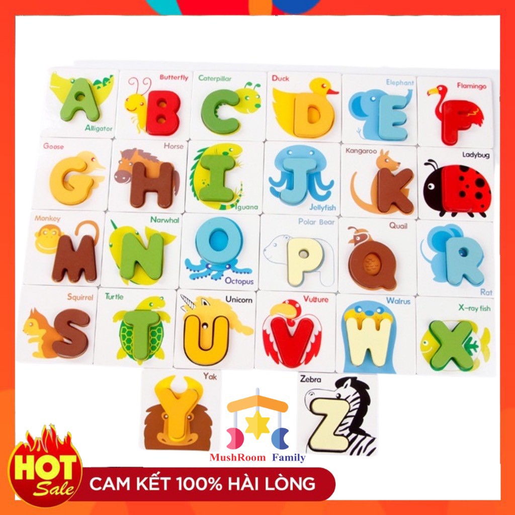 Bộ Ghép Hình 26 Chữ Cái Tiếng Anh 3D Gỗ Nổi Cho Bé