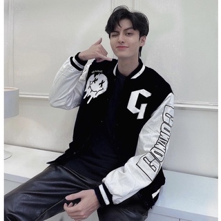 Áo varsity jacket Unisex Form rộng nhung tăm 2 lớp Hình thêu 100% Black (đen) Áo khoác bomber nam nữ Gonz Bóng chày