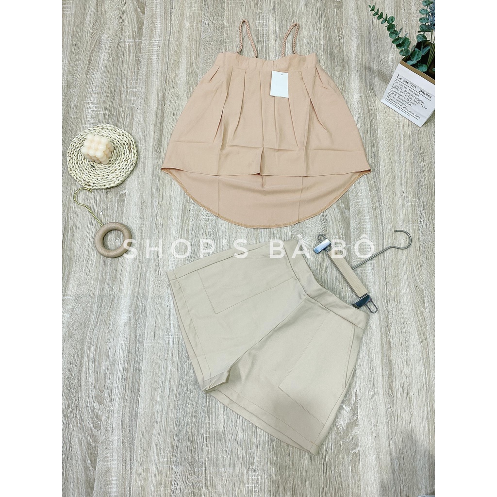 Set hai dây đan, áo xếp ly, quần short có túi cho nữ mặc đi chơi, siêu phong cách, dễ thương