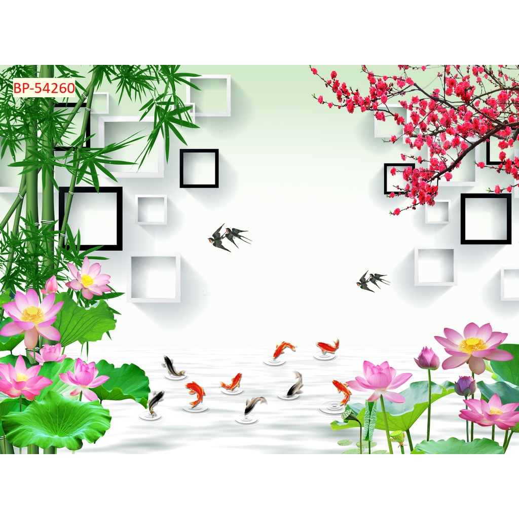 Tranh Cá Chép và Hồ Sen dán tường 3D chất lượng cao