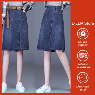 Chân váy denim dài qua gối, lưng cao chất vải skinny jean co dãn thoải mái