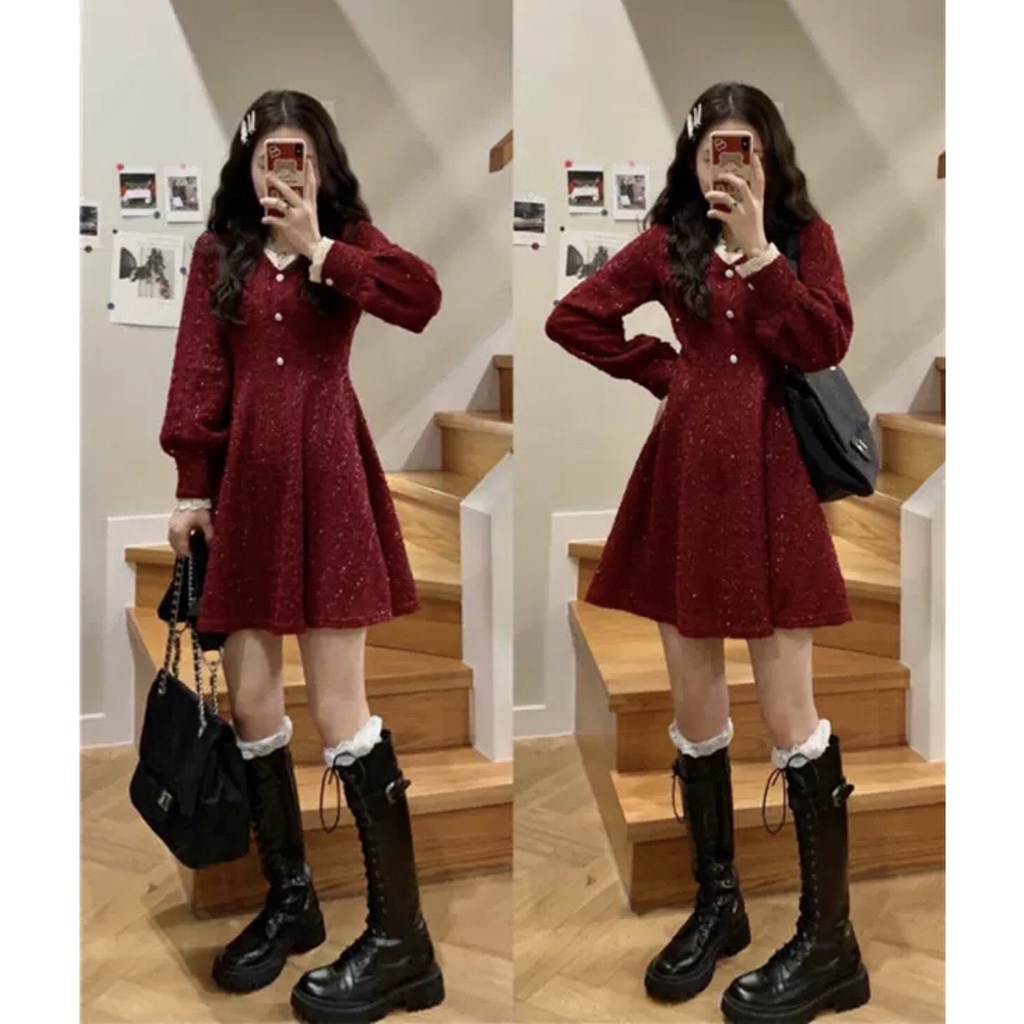 Đầm - Váy cổ V đỏ dạ kim tuyến cúc ngọc viền ren thắt nơ ulzzang